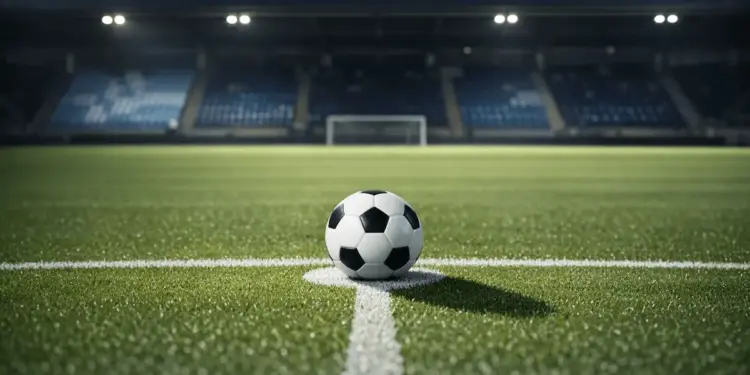 Floodlit football pitch with ball on penalty spot at dusk, blue and tartan stand sections in soft focus behind.