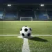 Floodlit football pitch with ball on penalty spot at dusk, blue and tartan stand sections in soft focus behind.