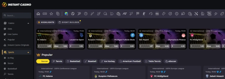 Instant Sports hemsida