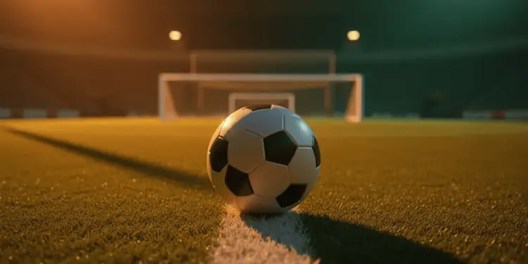 Floodlit football pitch at dusk with ball on centre spot, shadow patterns across turf, stadium lights golden-amber against cool shadows.