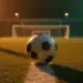 Floodlit football pitch at dusk with ball on centre spot, shadow patterns across turf, stadium lights golden-amber against cool shadows.