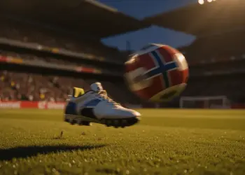 Floodlit stadium pitch at evening with football boot striking ball in motion, white-red-blue colour palette, dramatic shadows.
