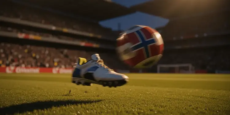 Floodlit stadium pitch at evening with football boot striking ball in motion, white-red-blue colour palette, dramatic shadows.