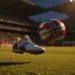 Floodlit stadium pitch at evening with football boot striking ball in motion, white-red-blue colour palette, dramatic shadows.