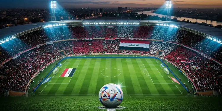 Floodlit stadium pitch at night with Iraqi flag-coloured stands and football on penalty spot.