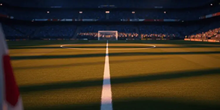 Empty floodlit football stadium with packed stands at dusk, golden-hour lighting, pristine pitch markings, dramatic shadows.