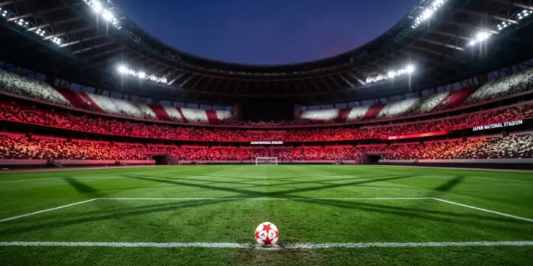 Floodlit stadium pitch at dusk with ball on centre spot, red and white colour palette, geometric shadows, calm pre-match atmosphere.