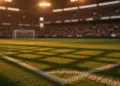 Floodlit stadium pitch at dusk with packed stands and dramatic shadows, golden-hour World Cup 2026 ambiance.