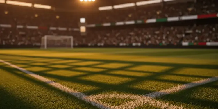 Floodlit stadium pitch at dusk with packed stands and dramatic shadows, golden-hour World Cup 2026 ambiance.