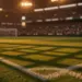Floodlit stadium pitch at dusk with packed stands and dramatic shadows, golden-hour World Cup 2026 ambiance.