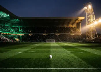 Floodlit stadium pitch at dusk with emerald and white stand sections, centre-spot ball, dramatic shadow play.
