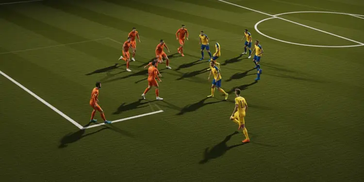 Aerial tactical view of Netherlands attacking in 4-3-3 formation against Sweden's defensive 5-3-2 block