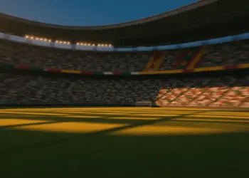 Floodlit stadium at golden hour with Mexican and Ecuadorian flag colours in crowded stands, dramatic shadows on pitch.