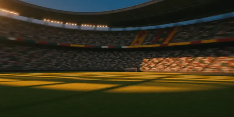 Floodlit stadium at golden hour with Mexican and Ecuadorian flag colours in crowded stands, dramatic shadows on pitch.