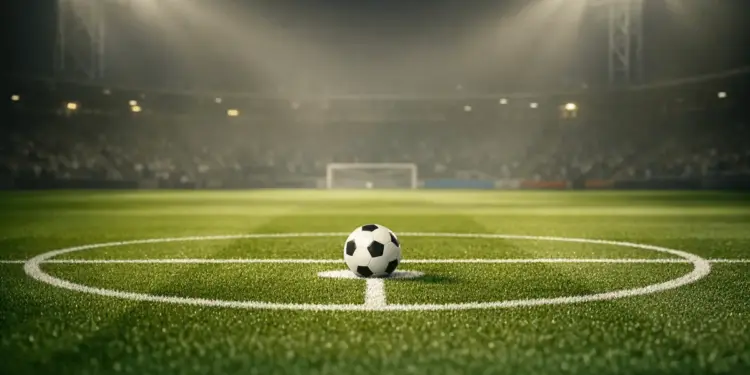 Empty floodlit football pitch with ball on centre spot before match, dramatic shadows and stadium lights.