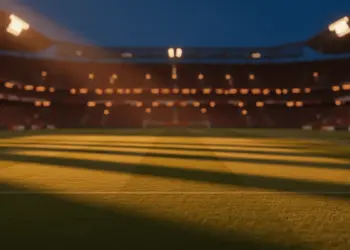 Illuminated stadium pitch at golden hour, dramatic shadows across empty field, packed stands blurred in background.