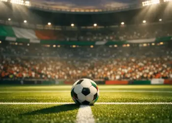 Floodlit football pitch with emerald and white stadium lighting, ball on centre spot, dramatic evening kickoff atmosphere.