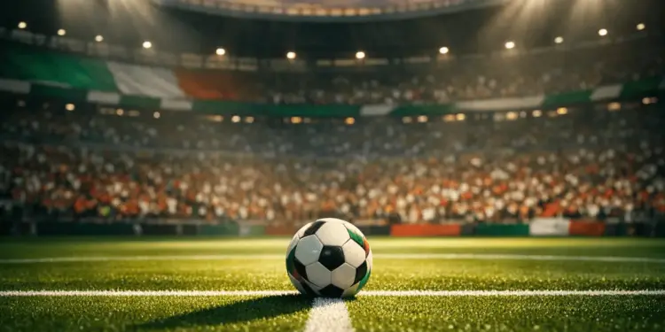 Floodlit football pitch with emerald and white stadium lighting, ball on centre spot, dramatic evening kickoff atmosphere.