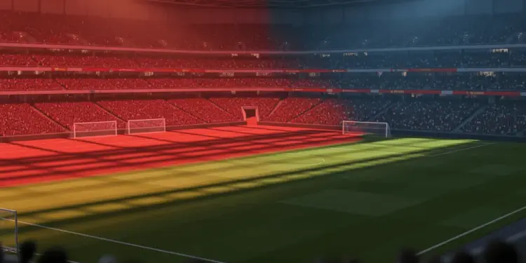 Floodlit stadium pitch at golden hour with dramatic shadows, Morocco and Haiti national colours illuminating stands, no players visible.