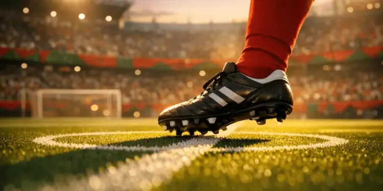 Floodlit stadium pitch with red and green bunting, dramatic shadows, and a football boot in motion on the centre circle.