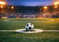Floodlit football pitch at dusk with match ball on penalty spot, dramatic stadium shadows, cool-warm colour grade.