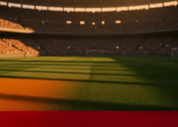 Empty floodlit stadium pitch at dusk with golden lighting and packed stands, no players visible.