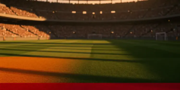 Empty floodlit stadium pitch at dusk with golden lighting and packed stands, no players visible.