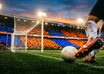 Floodlit stadium pitch with orange and blue stand sections, football boot striking ball with goal net in background, golden evening light and dramatic shadows.