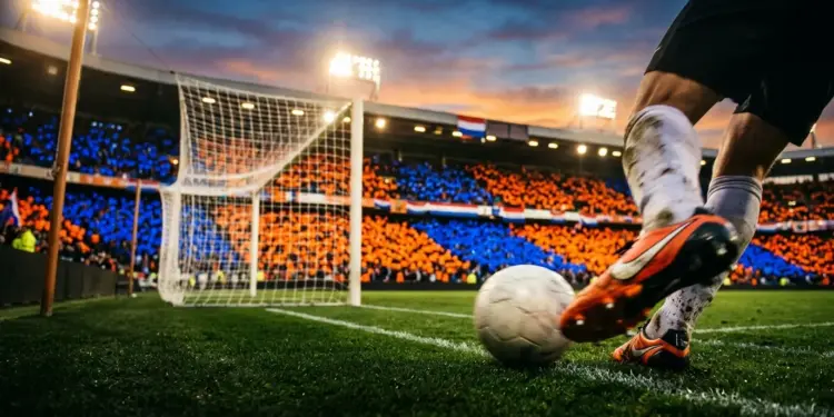 Floodlit stadium pitch with orange and blue stand sections, football boot striking ball with goal net in background, golden evening light and dramatic shadows.