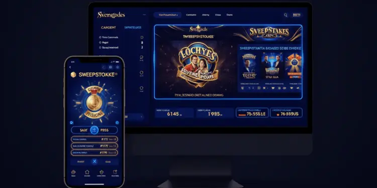 Digital sweepstakes casino platform on mobile and desktop screens with neon blue and gold accents