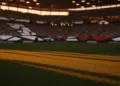 Floodlit stadium with dramatic shadows and packed stands at golden-hour kick-off, cinematic shallow depth of field.