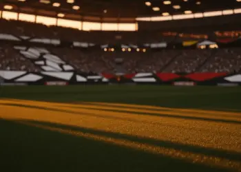 Floodlit stadium with dramatic shadows and packed stands at golden-hour kick-off, cinematic shallow depth of field.