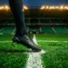 Floodlit stadium pitch at night with emerald lighting, solitary boot on centre spot, cinematic depth of field.