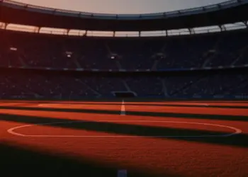 Floodlit stadium pitch with dramatic shadows, packed stands, and golden-hour lighting; no players visible.