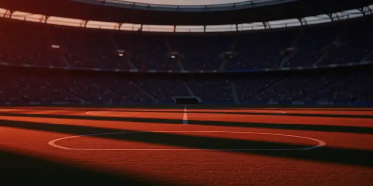 Floodlit stadium pitch with dramatic shadows, packed stands, and golden-hour lighting; no players visible.