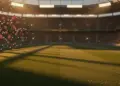 Floodlit stadium pitch at sunset with red-white and green-gold colour accents, dramatic shadows, and packed stands.