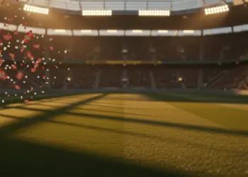 Floodlit stadium pitch at sunset with red-white and green-gold colour accents, dramatic shadows, and packed stands.