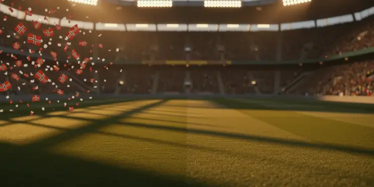 Floodlit stadium pitch at sunset with red-white and green-gold colour accents, dramatic shadows, and packed stands.