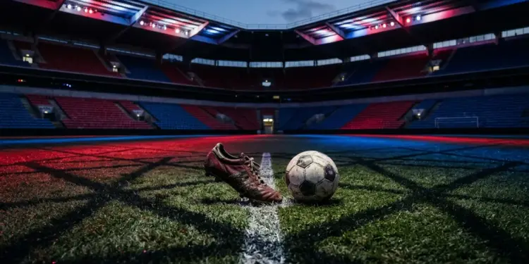 Floodlit stadium pitch at dusk with dramatic red and blue lighting, empty stands, boot striking ball at centre spot, geometric shadows.