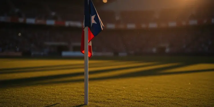 Floodlit stadium pitch at golden hour with dramatic shadows and flag-colour atmospheric lighting during World Cup group stage.