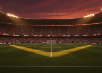 Floodlit football stadium at dusk with packed stands, geometric shadow patterns, and atmospheric golden-hour lighting during group stage fixture.