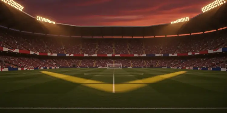 Floodlit football stadium at dusk with packed stands, geometric shadow patterns, and atmospheric golden-hour lighting during group stage fixture.