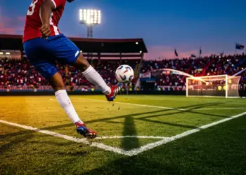 Floodlit stadium pitch in red and blue with football boot striking ball mid-flight, dramatic shadows and golden evening light.