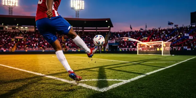 Floodlit stadium pitch in red and blue with football boot striking ball mid-flight, dramatic shadows and golden evening light.