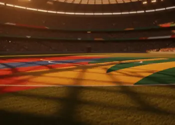 Floodlit stadium pitch with red-blue and gold-green flag colours reflecting on grass at dusk, packed stands in soft focus background.
