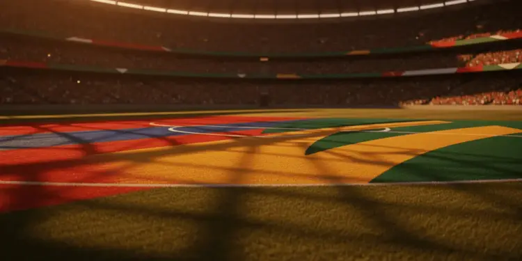 Floodlit stadium pitch with red-blue and gold-green flag colours reflecting on grass at dusk, packed stands in soft focus background.