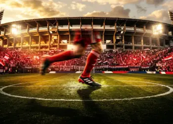 Floodlit football stadium with red and white stand sections, match ball on centre spot, cinematic evening lighting.