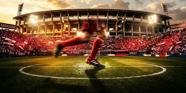 Floodlit football stadium with red and white stand sections, match ball on centre spot, cinematic evening lighting.
