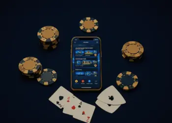 Premium online casino interface with gaming chips and cards on luxury surface