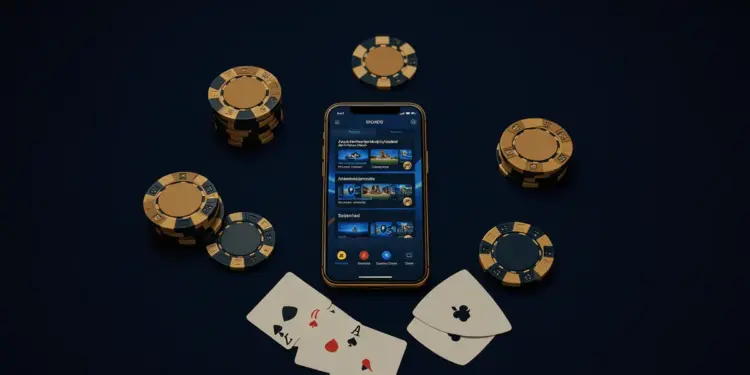 Premium online casino interface with gaming chips and cards on luxury surface